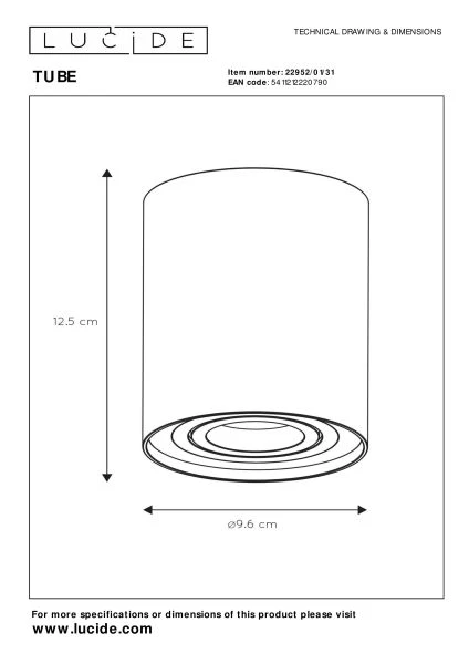 Lucide TUBE - Spot plafond - Ø 9,6 cm - 1xGU10 - Blanc - TECHNISCH